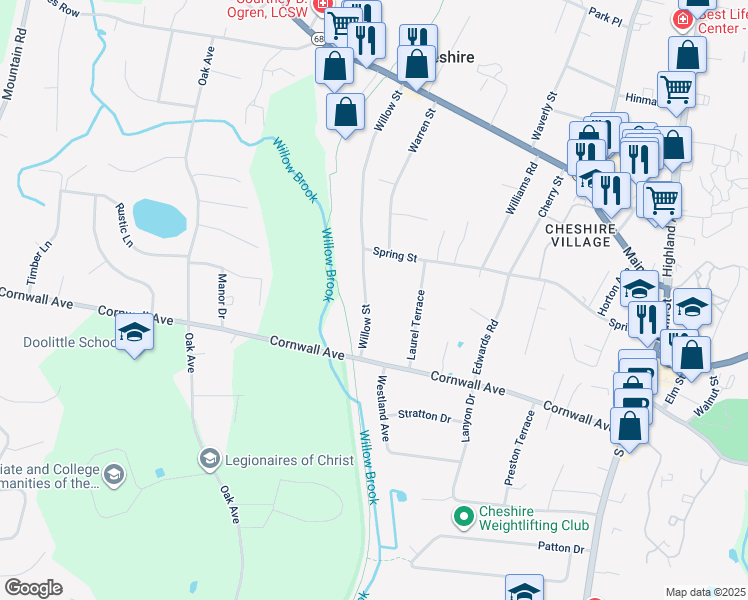 map of restaurants, bars, coffee shops, grocery stores, and more near 150 Willow Street in Cheshire