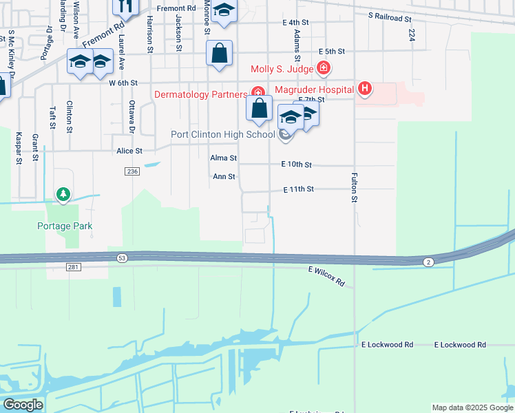 map of restaurants, bars, coffee shops, grocery stores, and more near 115 East 12th Street in Port Clinton
