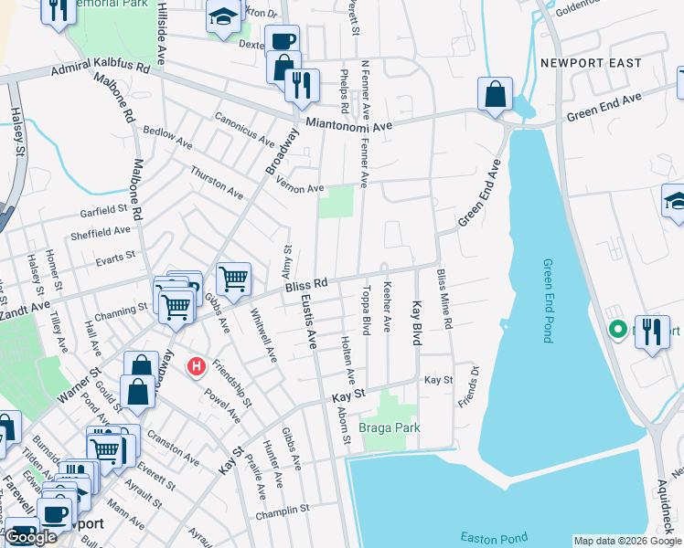 map of restaurants, bars, coffee shops, grocery stores, and more near 104 Bliss Road in Newport