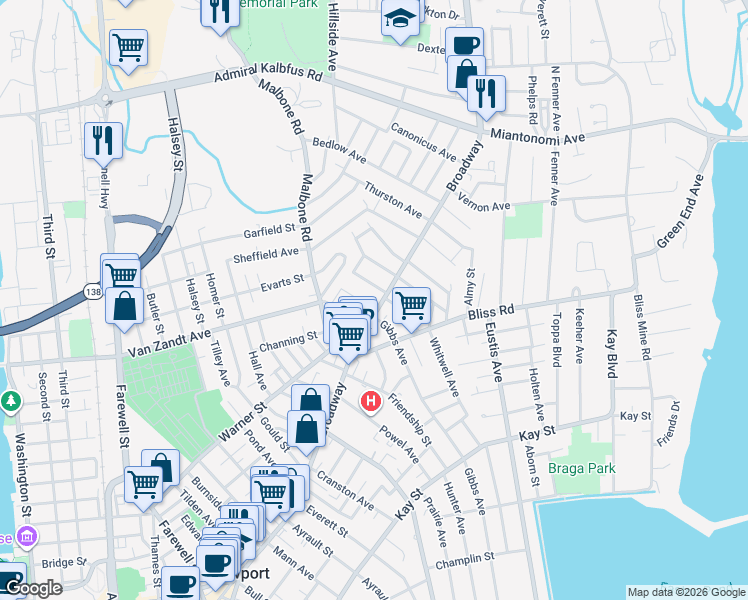 map of restaurants, bars, coffee shops, grocery stores, and more near 355 Broadway in Newport