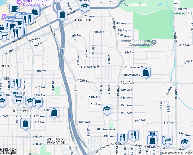 map of restaurants, bars, coffee shops, grocery stores, and more near 1190 24th Street in Moline