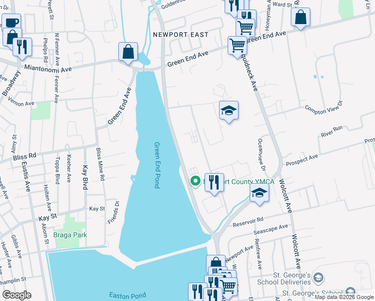 map of restaurants, bars, coffee shops, grocery stores, and more near 97 John Clarke Road in Middletown