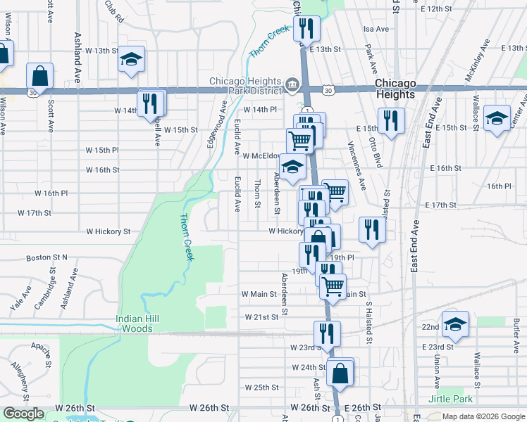 map of restaurants, bars, coffee shops, grocery stores, and more near 1653 Thorn Street in Chicago Heights