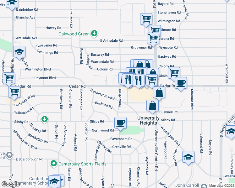 map of restaurants, bars, coffee shops, grocery stores, and more near 2176 Fenwick Road in University Heights