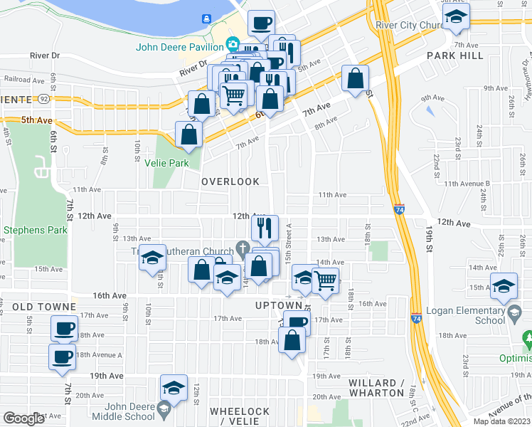 map of restaurants, bars, coffee shops, grocery stores, and more near 1145 15th Street in Bettendorf
