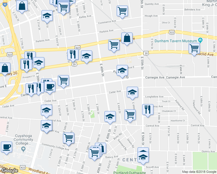 map of restaurants, bars, coffee shops, grocery stores, and more near 2109 East 40th Street in Cleveland