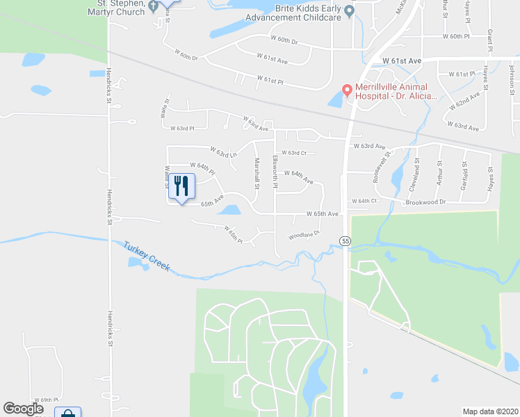 map of restaurants, bars, coffee shops, grocery stores, and more near 2692 West 65th Avenue in Merrillville