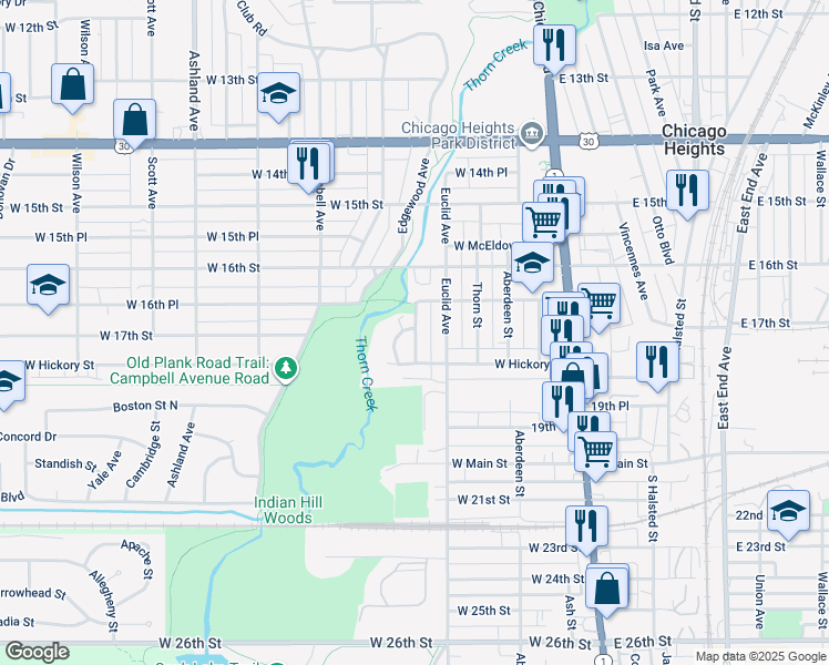 map of restaurants, bars, coffee shops, grocery stores, and more near 1654 Buena Vista Avenue in Chicago Heights