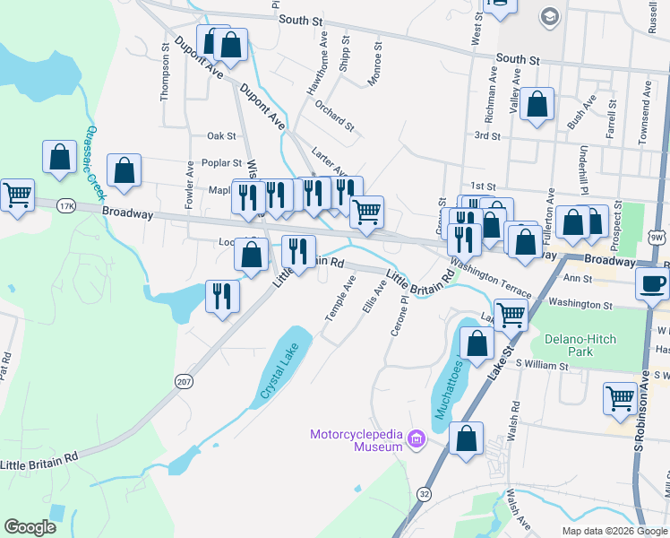 map of restaurants, bars, coffee shops, grocery stores, and more near 131 Little Britain Road in Newburgh