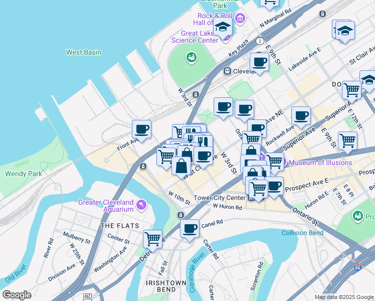map of restaurants, bars, coffee shops, grocery stores, and more near 711 West Lakeside Avenue in Cleveland