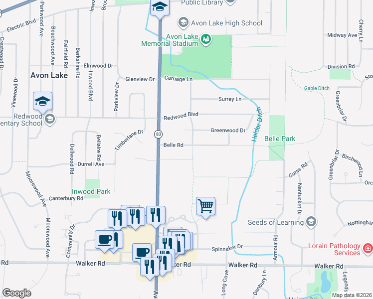 map of restaurants, bars, coffee shops, grocery stores, and more near 32725 Belle Road in Avon Lake