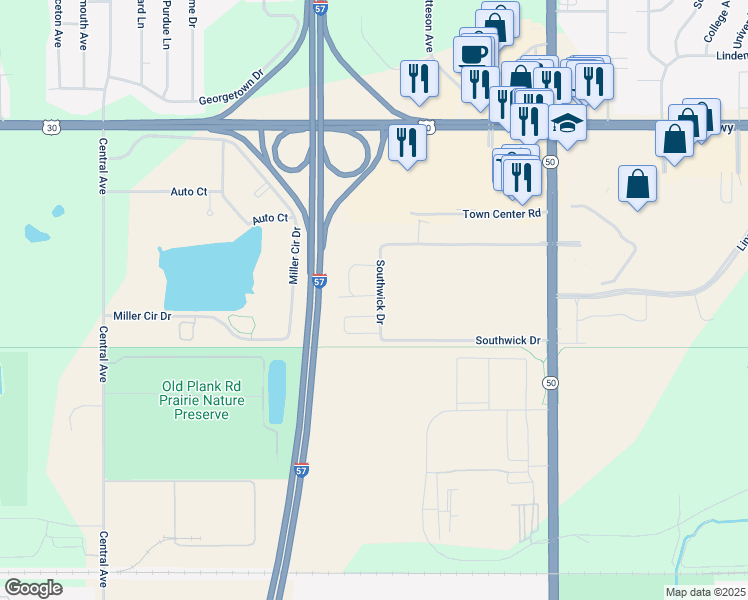 map of restaurants, bars, coffee shops, grocery stores, and more near 5205 Mayfair Lane in Matteson