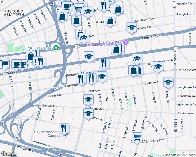 map of restaurants, bars, coffee shops, grocery stores, and more near 3301 Carnegie Avenue in Cleveland
