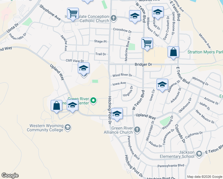 map of restaurants, bars, coffee shops, grocery stores, and more near 1610 Hitching Post Drive in Green River