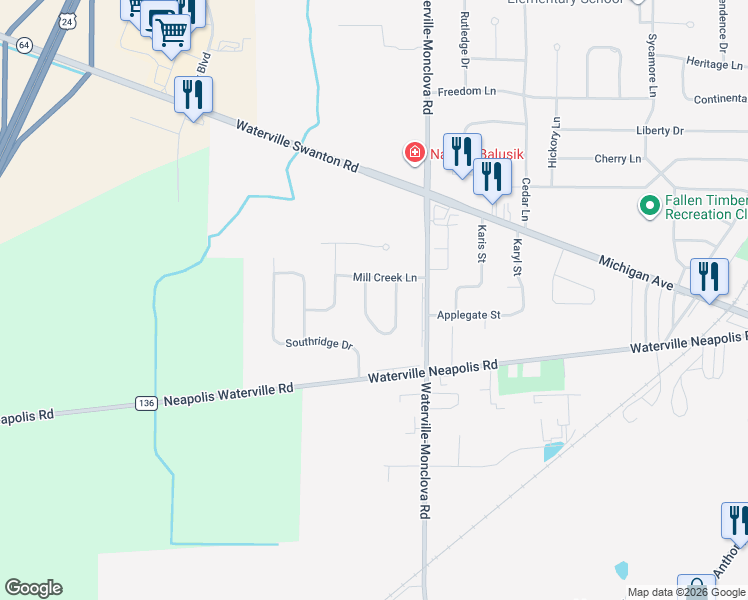 map of restaurants, bars, coffee shops, grocery stores, and more near 305 Ridgepoint Circle in Waterville