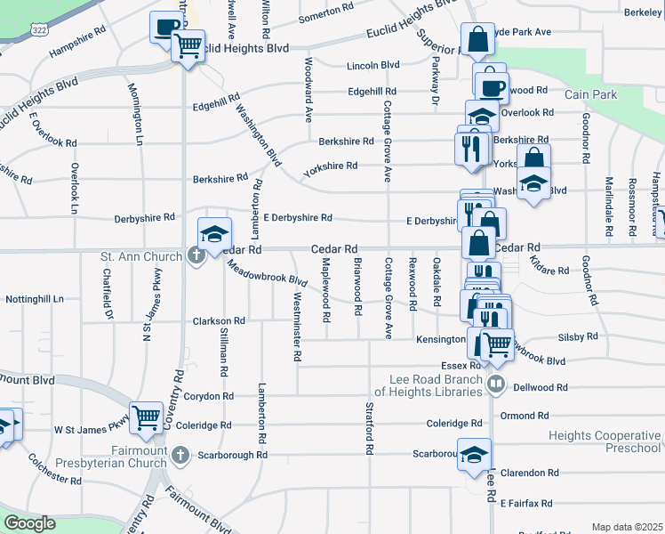 map of restaurants, bars, coffee shops, grocery stores, and more near 2169 Maplewood Road in Cleveland Heights