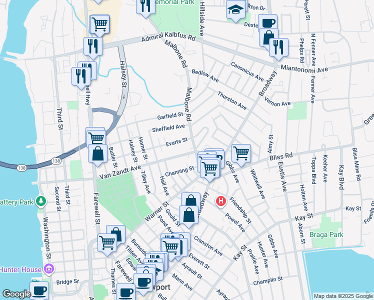 map of restaurants, bars, coffee shops, grocery stores, and more near 142 Van Zandt Avenue in Newport