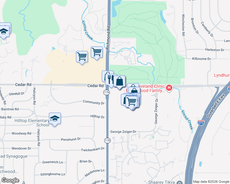map of restaurants, bars, coffee shops, grocery stores, and more near 2101 Richmond Road in Beachwood