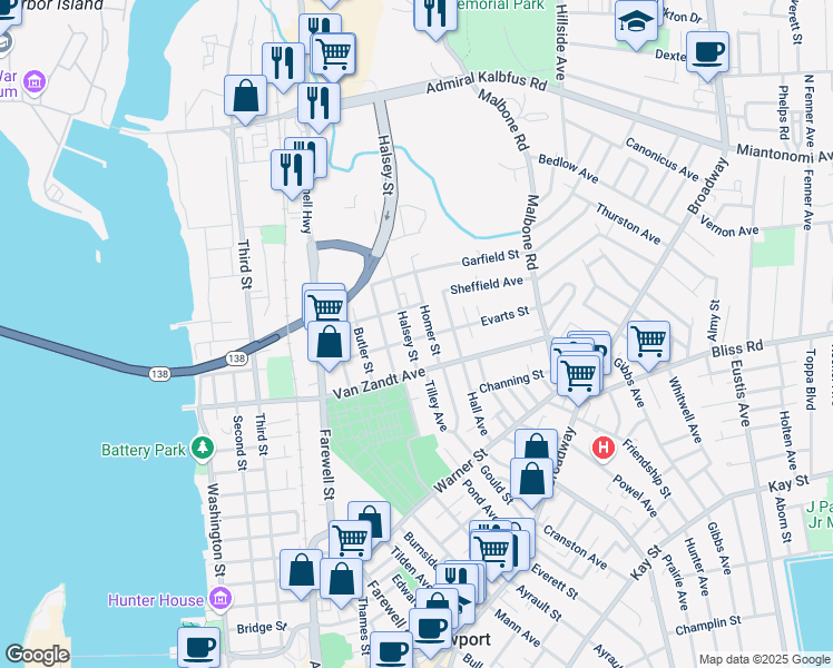 map of restaurants, bars, coffee shops, grocery stores, and more near 68 Evarts Street in Newport