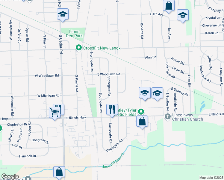map of restaurants, bars, coffee shops, grocery stores, and more near 804 Stonegate Road in New Lenox