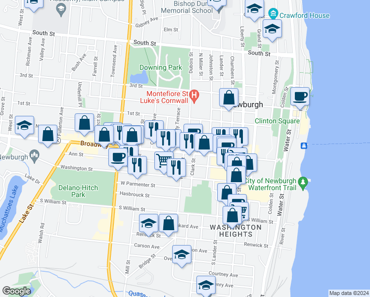 map of restaurants, bars, coffee shops, grocery stores, and more near 188 Broadway in Newburgh