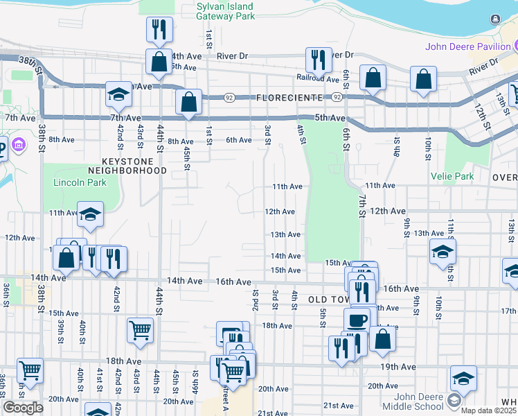 map of restaurants, bars, coffee shops, grocery stores, and more near 1127 3rd Street in Moline