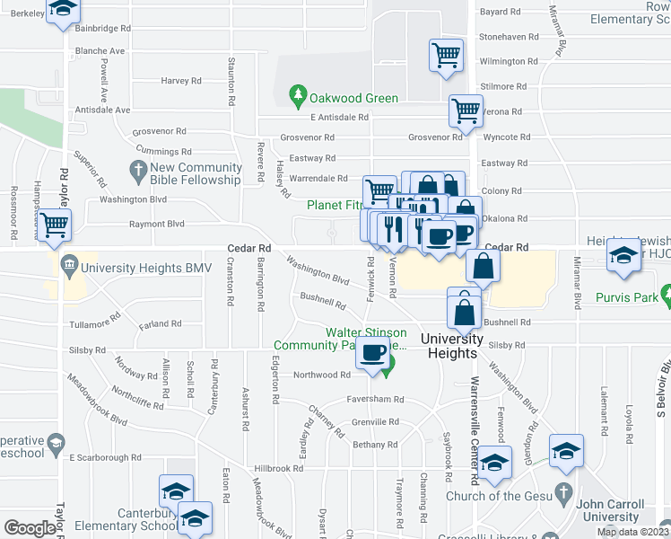 map of restaurants, bars, coffee shops, grocery stores, and more near 3809 Washington Boulevard in University Heights
