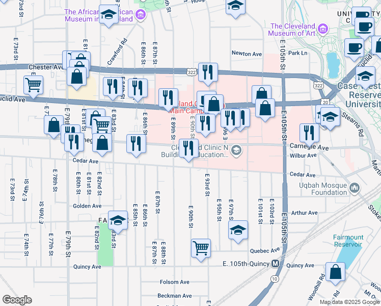 map of restaurants, bars, coffee shops, grocery stores, and more near 8920 Carnegie Avenue in Cleveland