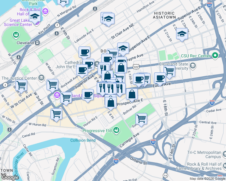 map of restaurants, bars, coffee shops, grocery stores, and more near 1101 Euclid Avenue in Cleveland