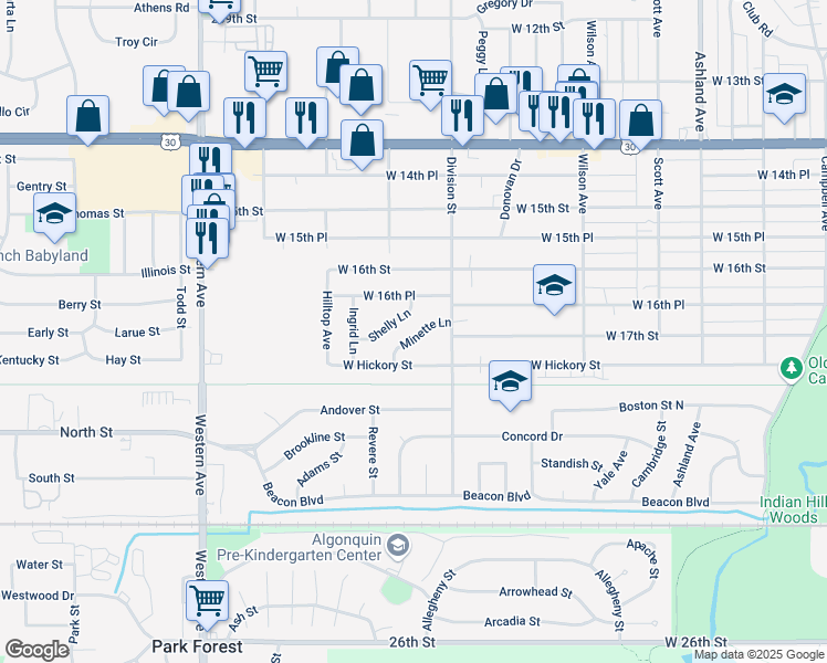 map of restaurants, bars, coffee shops, grocery stores, and more near 551 Minette Lane in Chicago Heights