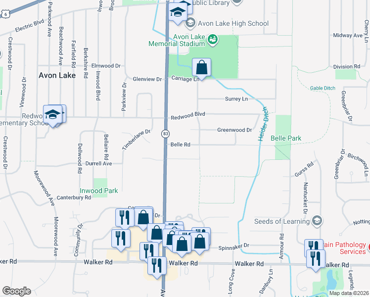 map of restaurants, bars, coffee shops, grocery stores, and more near 32725 Belle Road in Avon Lake