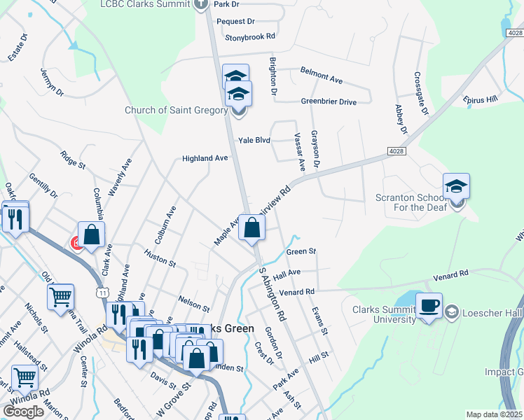 map of restaurants, bars, coffee shops, grocery stores, and more near 111 Fairview Rd in Clarks Green