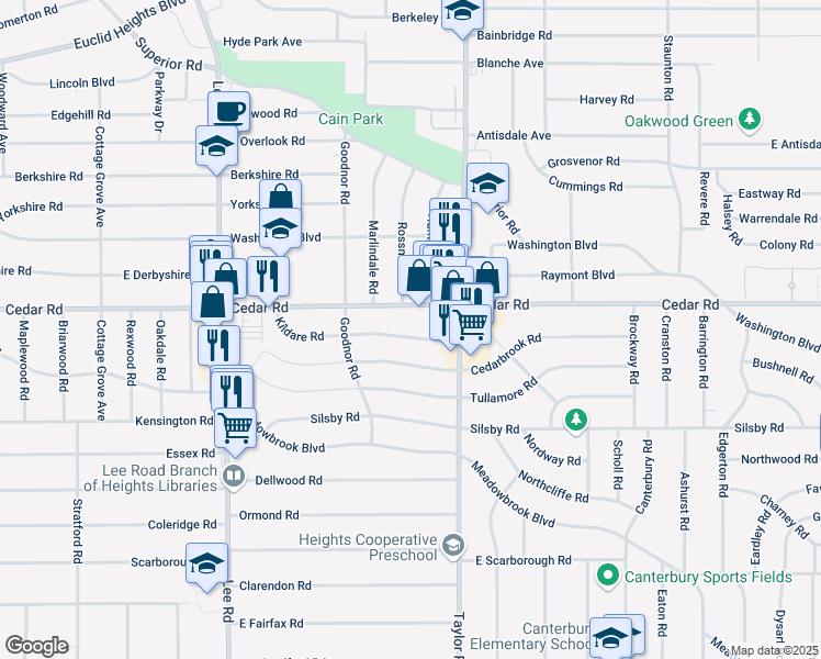 map of restaurants, bars, coffee shops, grocery stores, and more near 3393 Kildare Road in Cleveland Heights