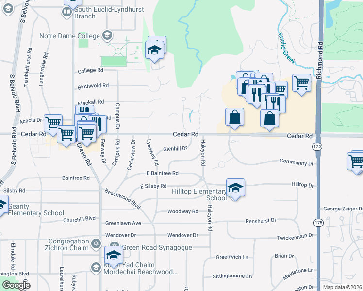 map of restaurants, bars, coffee shops, grocery stores, and more near 23915 Glenhill Drive in Beachwood