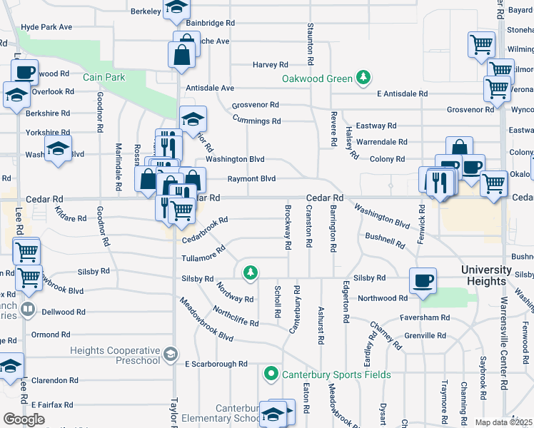 map of restaurants, bars, coffee shops, grocery stores, and more near 3605 Cedarbrook Road in Cleveland Heights