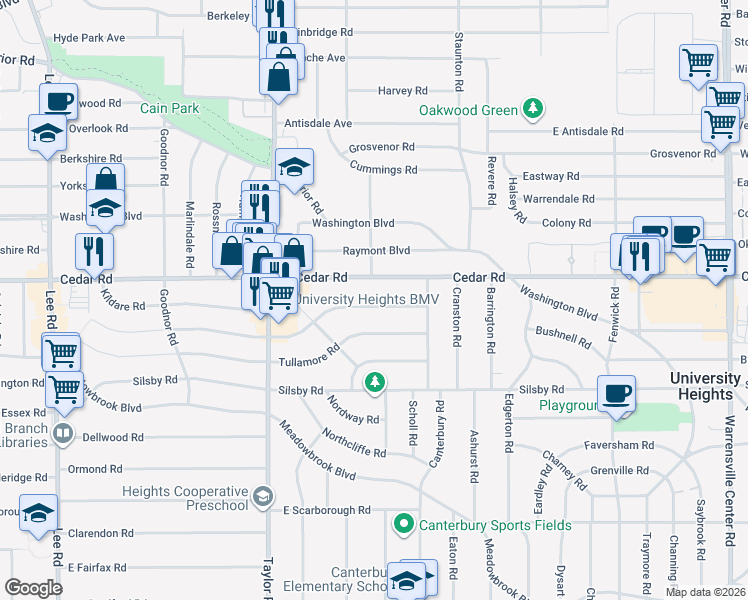 map of restaurants, bars, coffee shops, grocery stores, and more near 3565 Cedarbrook Road in Cleveland Heights