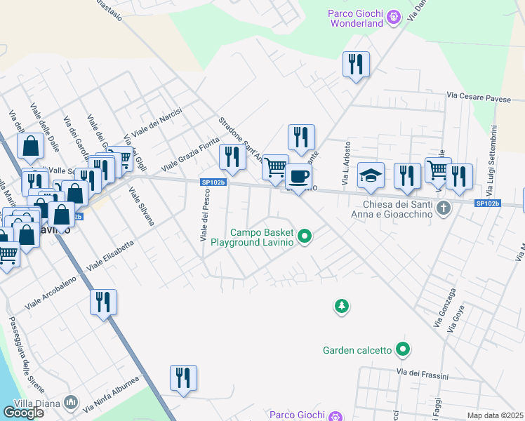 map of restaurants, bars, coffee shops, grocery stores, and more near 18 Via delle Pigne in Anzio