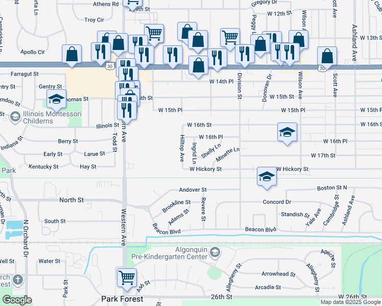 map of restaurants, bars, coffee shops, grocery stores, and more near 1634 Ingrid Lane in Chicago Heights