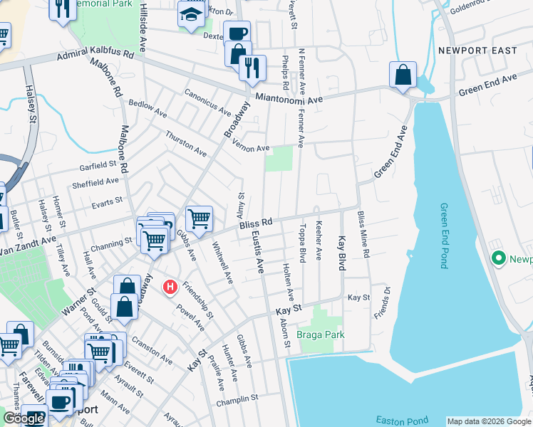 map of restaurants, bars, coffee shops, grocery stores, and more near 86 Bliss Road in Newport