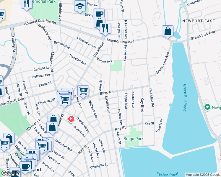 map of restaurants, bars, coffee shops, grocery stores, and more near 86 Bliss Road in Newport
