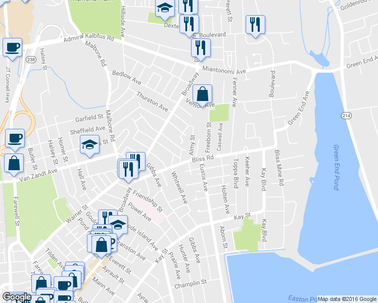 map of restaurants, bars, coffee shops, grocery stores, and more near 20 Ledyard Street in Newport