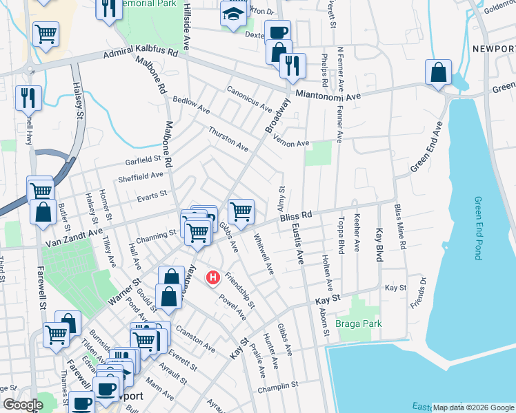 map of restaurants, bars, coffee shops, grocery stores, and more near 15 Brooks Avenue in Newport