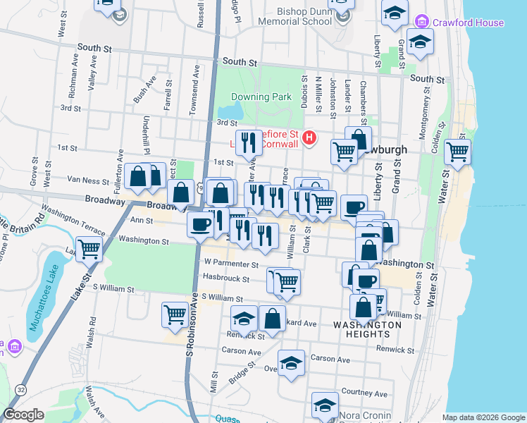 map of restaurants, bars, coffee shops, grocery stores, and more near 222 Broadway in Newburgh