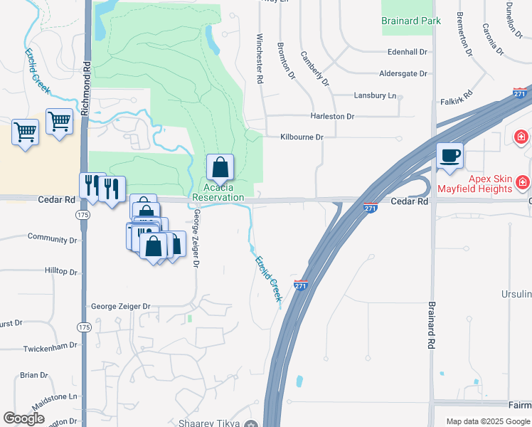 map of restaurants, bars, coffee shops, grocery stores, and more near in Beachwood