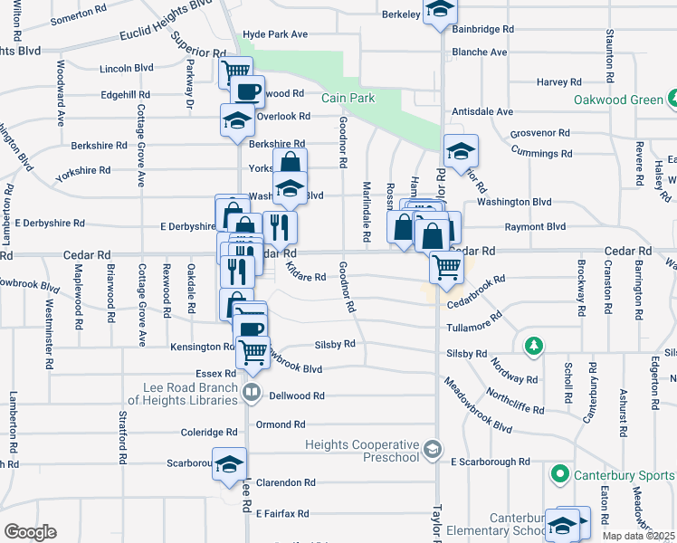 map of restaurants, bars, coffee shops, grocery stores, and more near in Cleveland Heights
