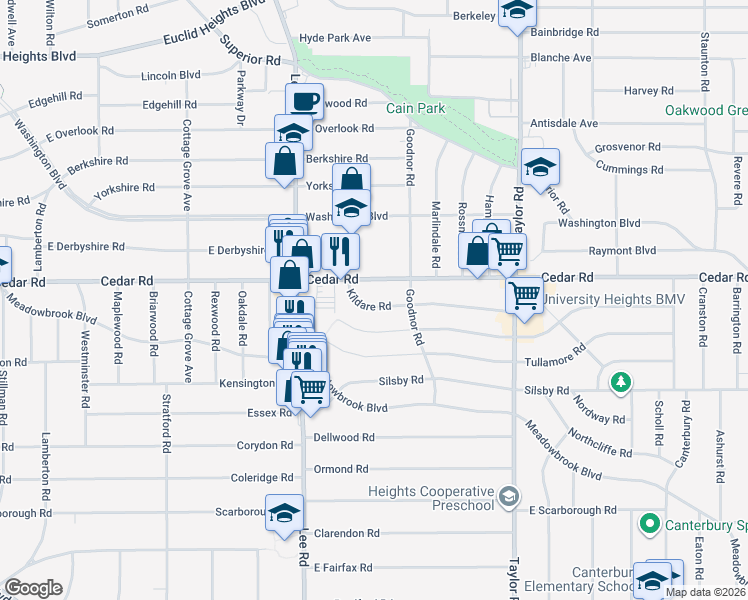 map of restaurants, bars, coffee shops, grocery stores, and more near 3267 Kildare Road in Cleveland Heights
