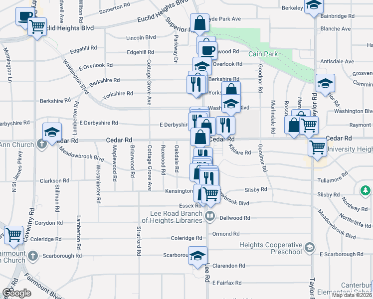 map of restaurants, bars, coffee shops, grocery stores, and more near 2172 Edgewood Road in Cleveland Heights