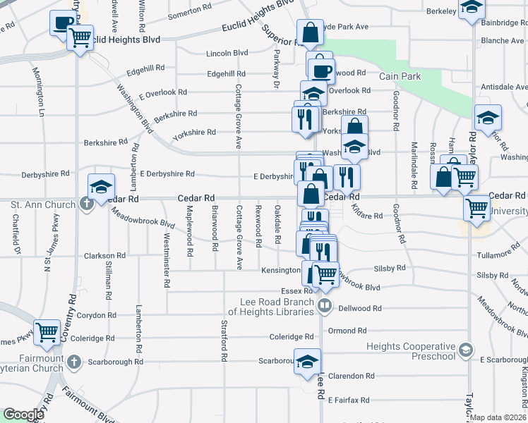 map of restaurants, bars, coffee shops, grocery stores, and more near 2175 Rexwood Road in Cleveland Heights