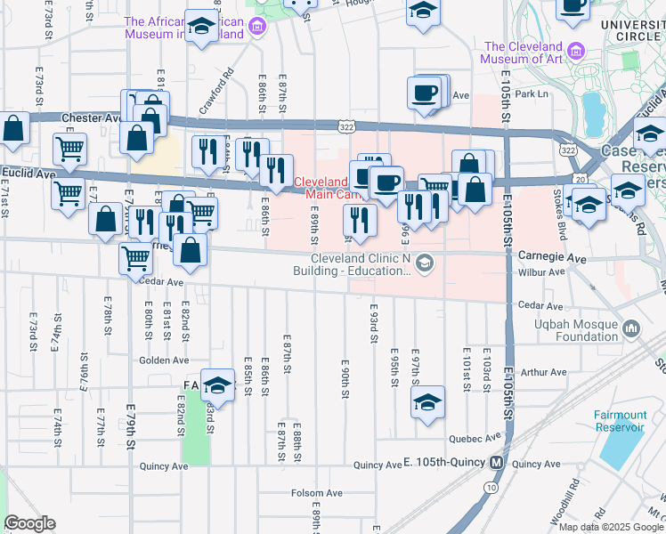 map of restaurants, bars, coffee shops, grocery stores, and more near 8920 Carnegie Avenue in Cleveland