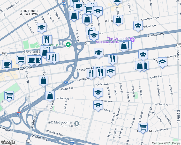 map of restaurants, bars, coffee shops, grocery stores, and more near in Cleveland